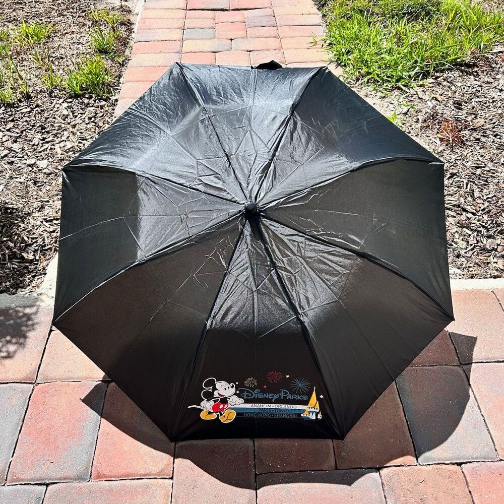 Disney Parks Mickey Mouse Fireworks Black Compact Foldable Umbrella pre owned